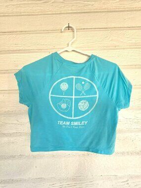 Offline by Aerie Athleisure Tee T Shirt Crop Top Turquoise Team Smiley Womens XS
